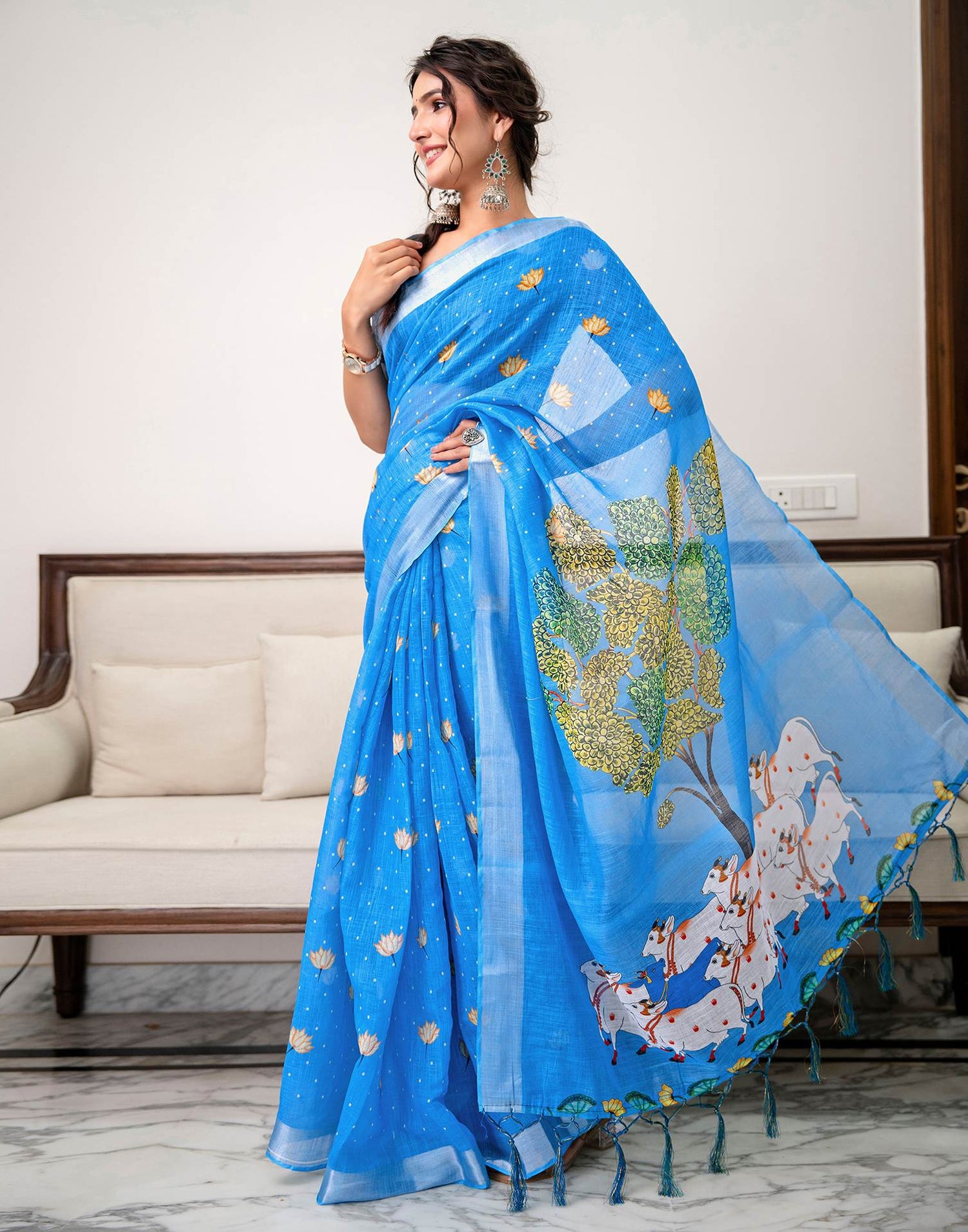 Sky Blue Linen Printed Saree 