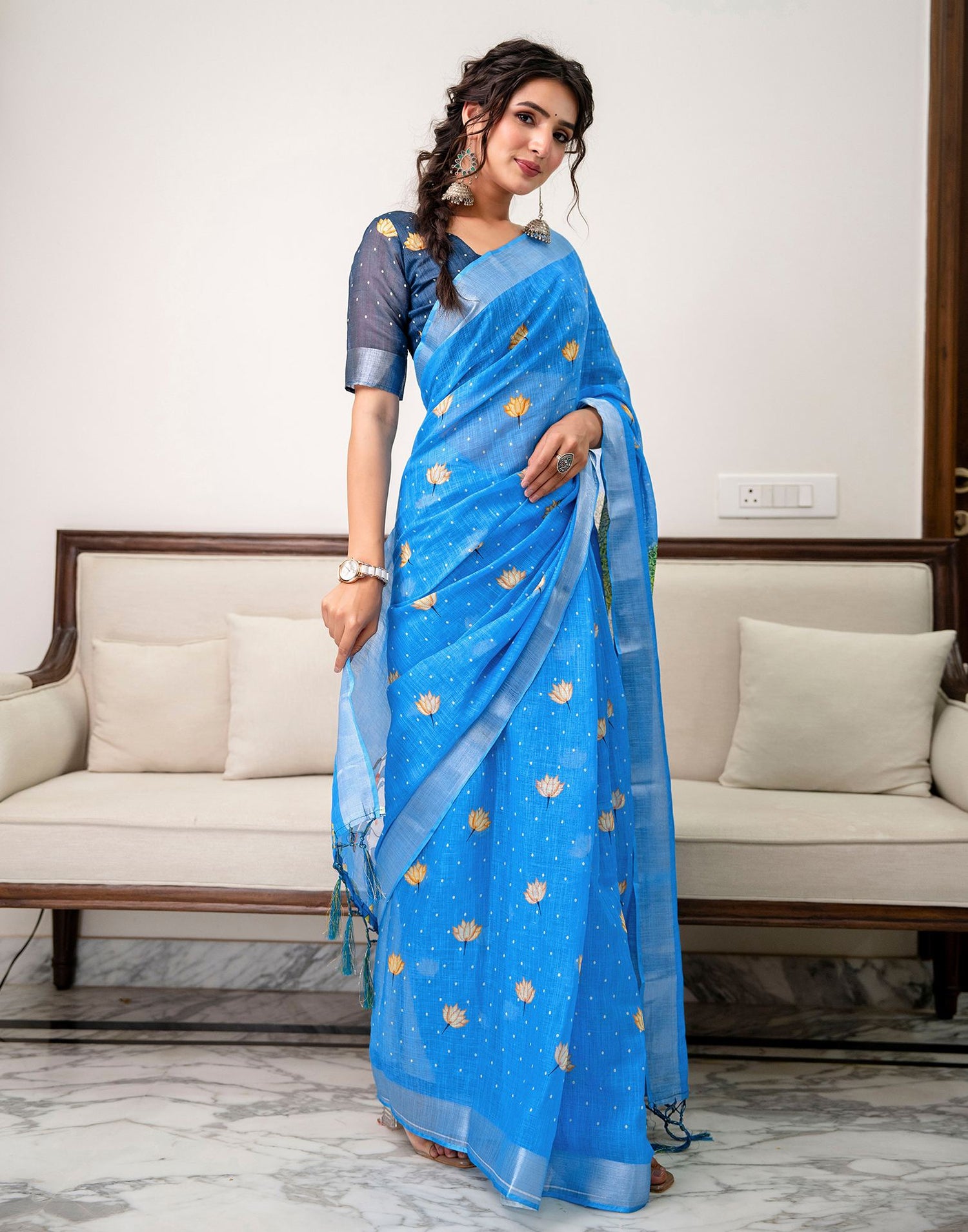 Sky Blue Linen Printed Saree 