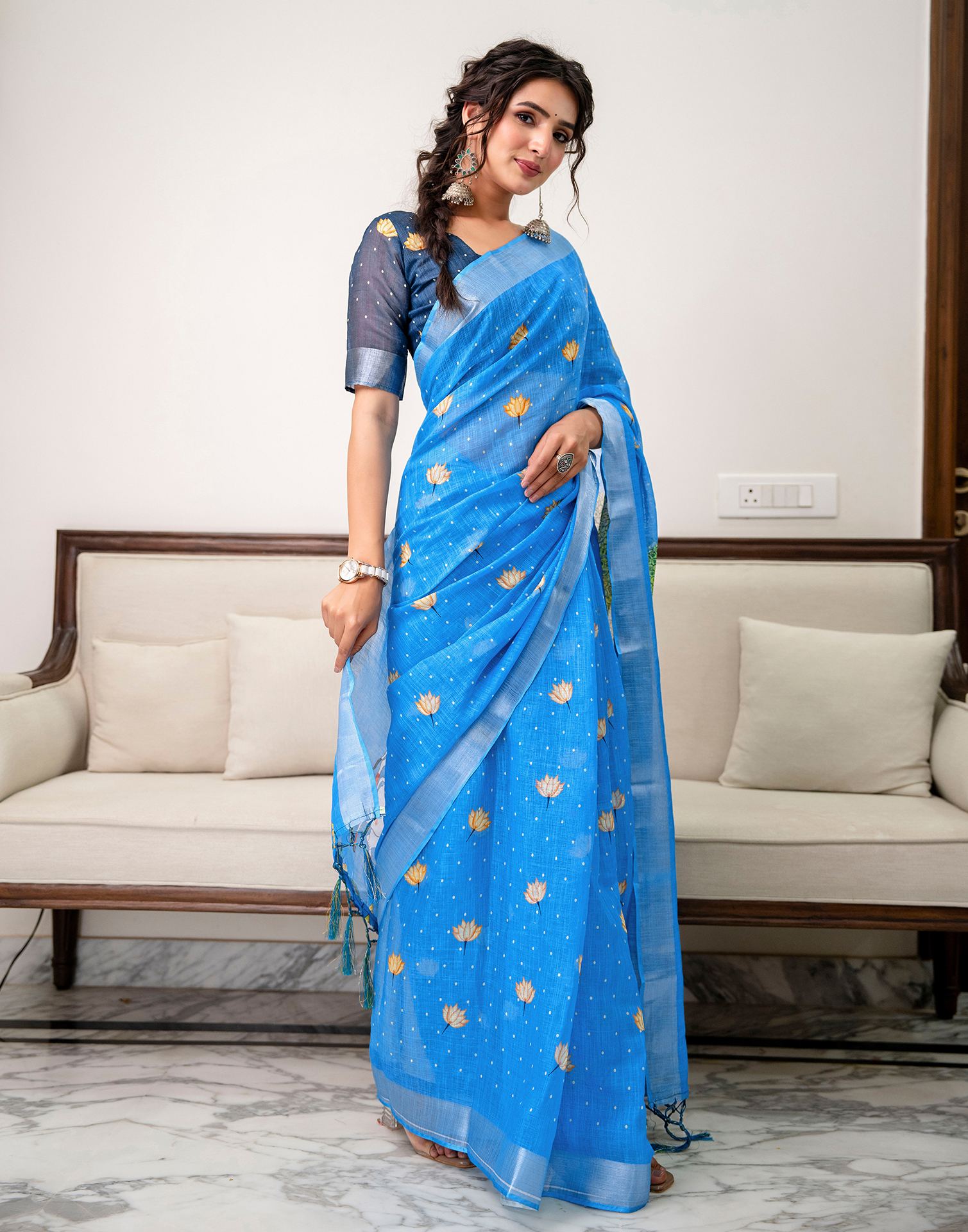 Sky Blue Linen Printed Saree 