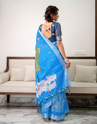 Sky Blue Linen Printed Saree 