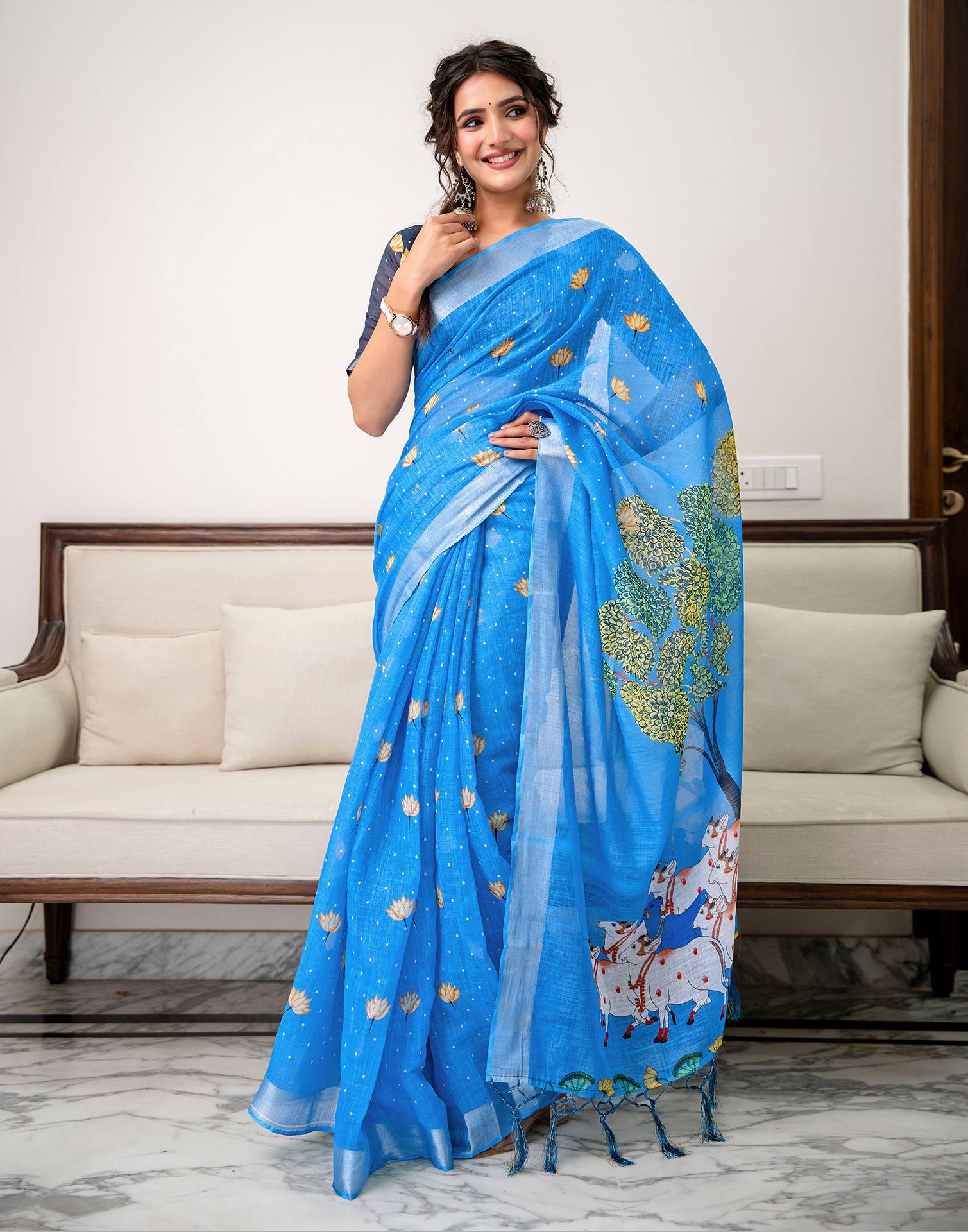 Sky Blue Linen Printed Saree 
