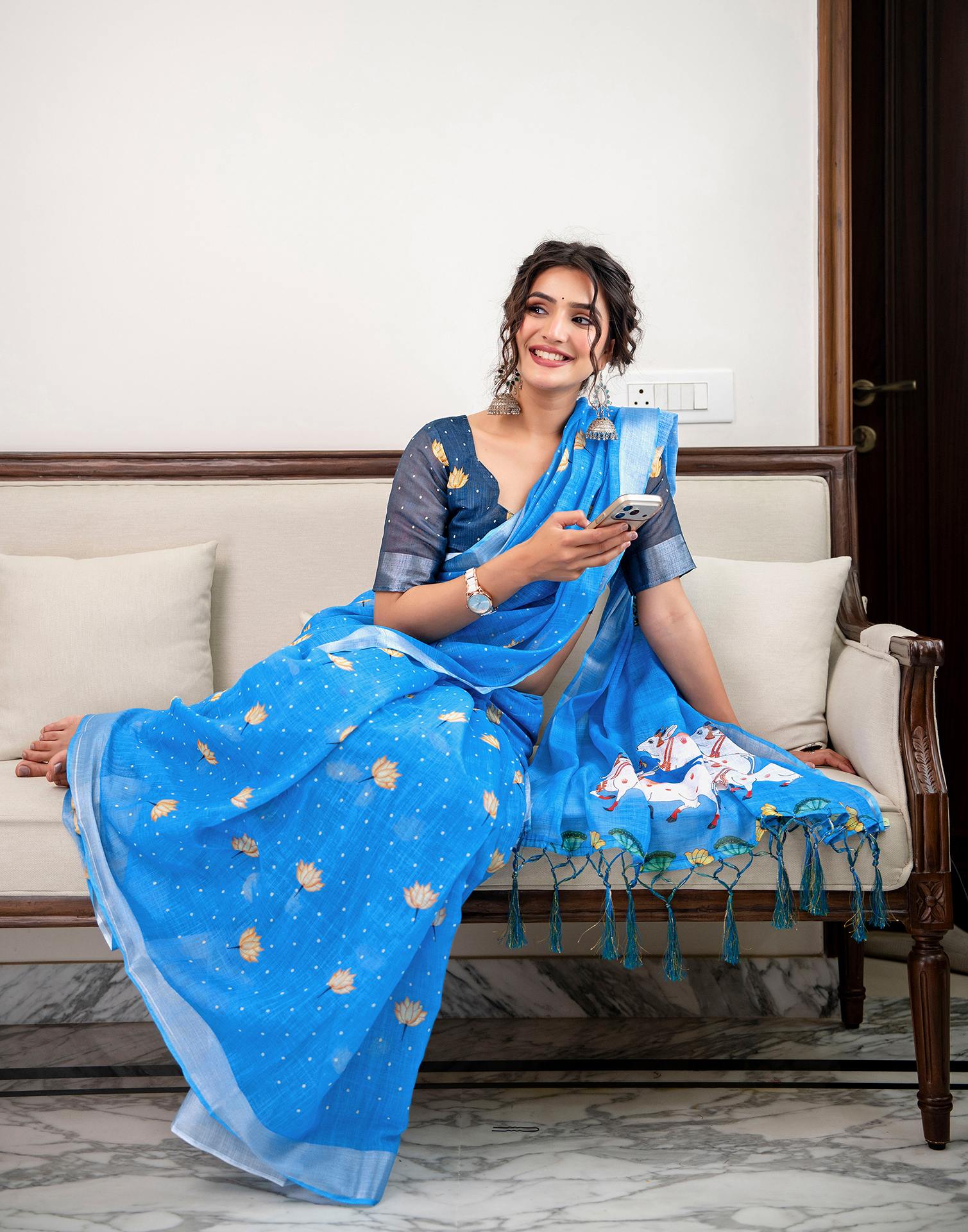 Sky Blue Linen Printed Saree 