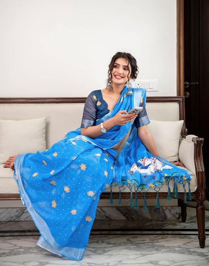 Sky Blue Linen Printed Saree 