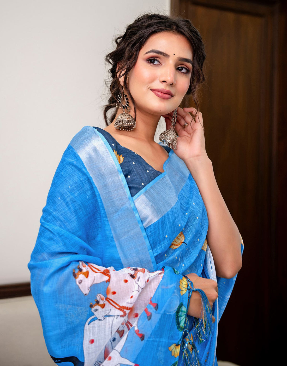 Sky Blue Linen Printed Saree 