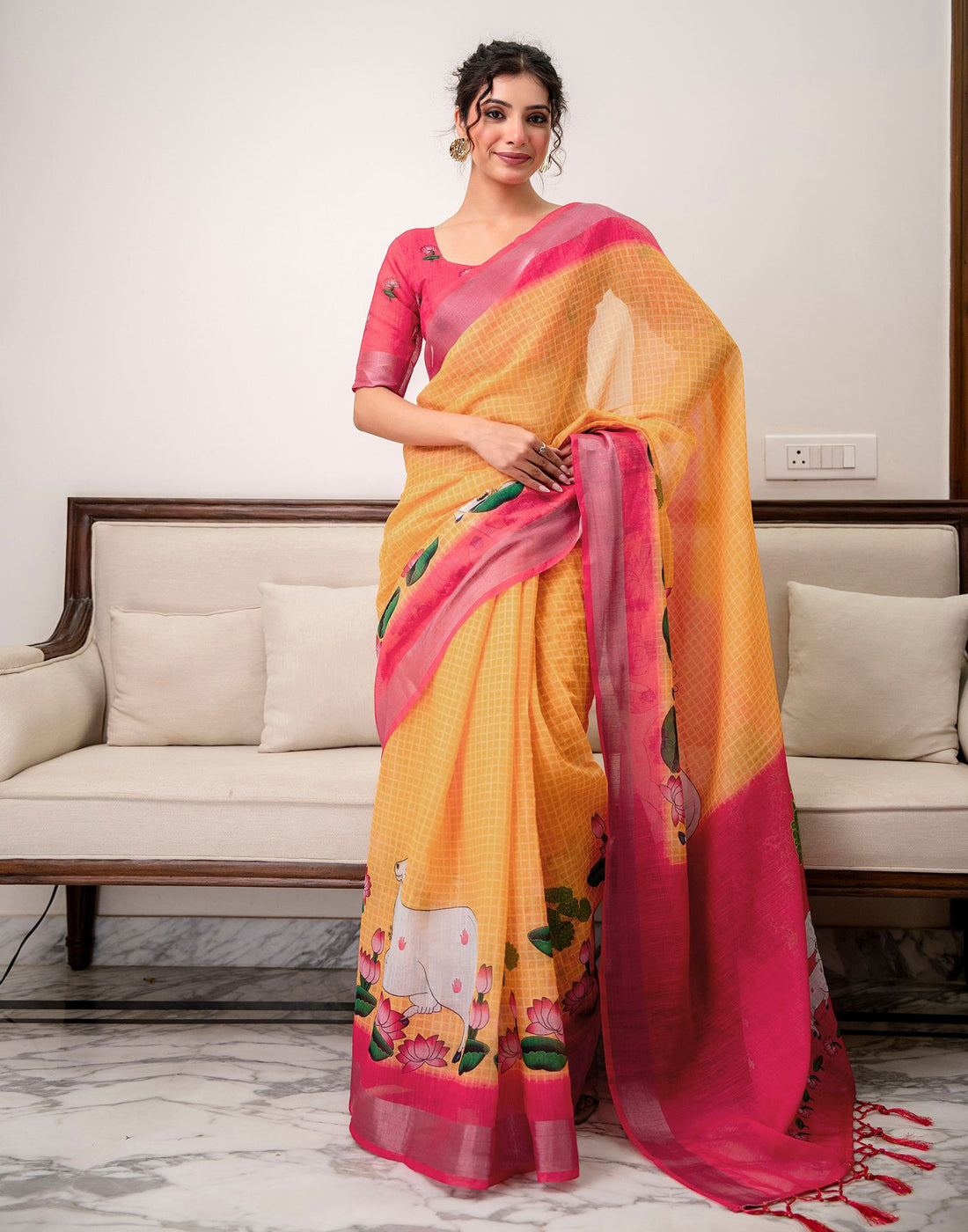 Orange Linen Printed Saree 