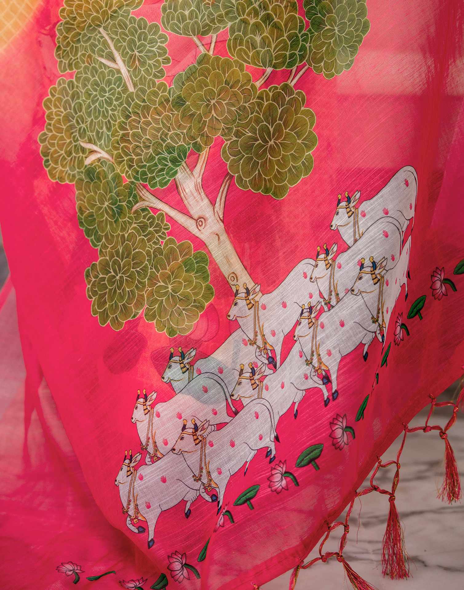 Orange Linen Printed Saree 