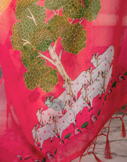 Orange Linen Printed Saree 