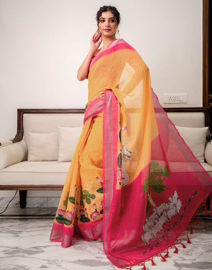 Orange Linen Printed Saree 