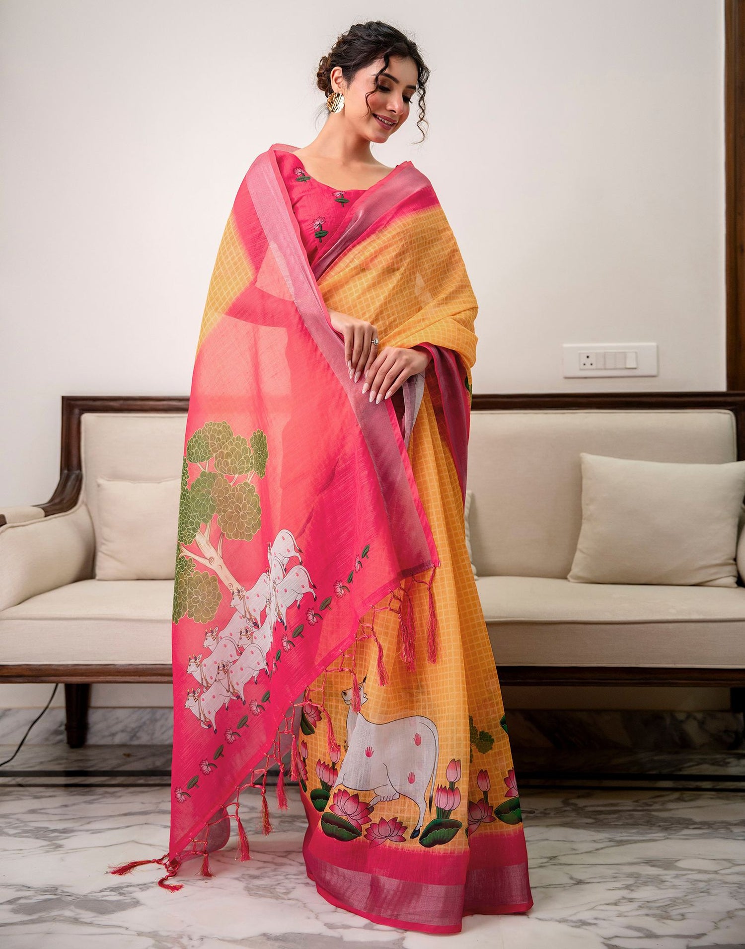 Orange Linen Printed Saree 