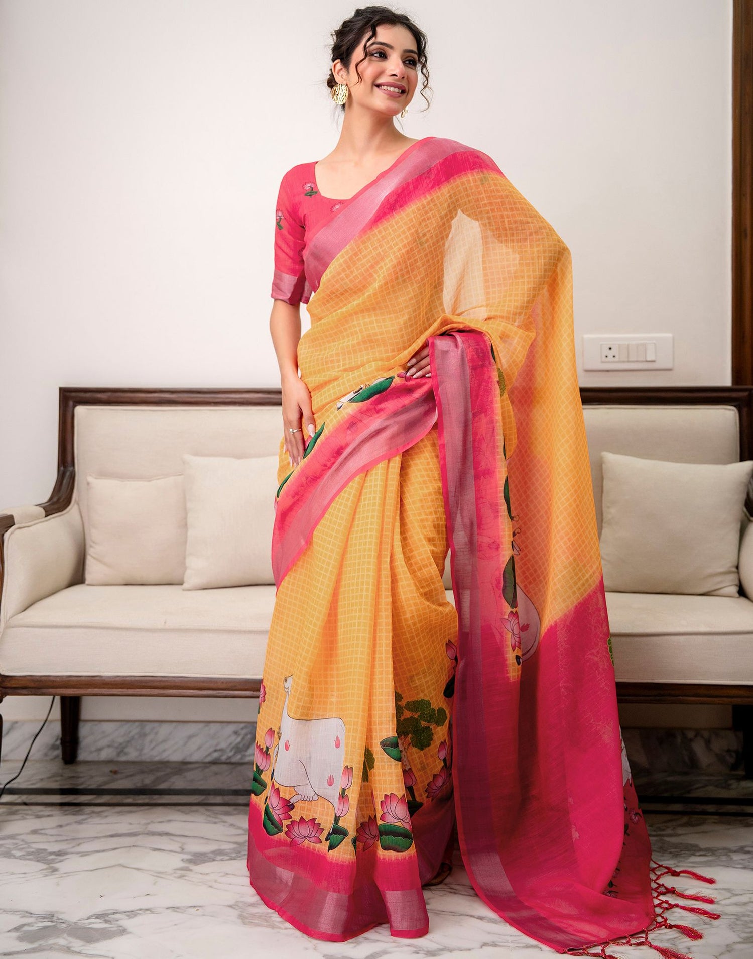 Orange Linen Printed Saree 