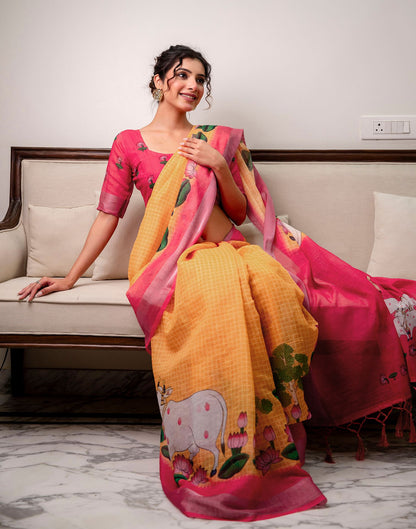 Orange Linen Printed Saree 