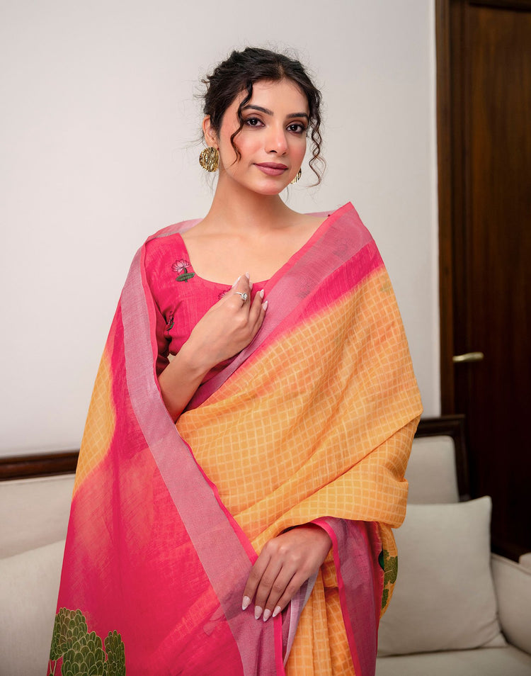 Orange Linen Printed Saree 