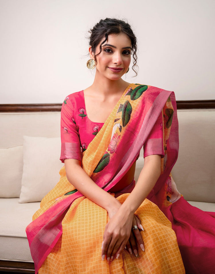 Orange Linen Printed Saree 
