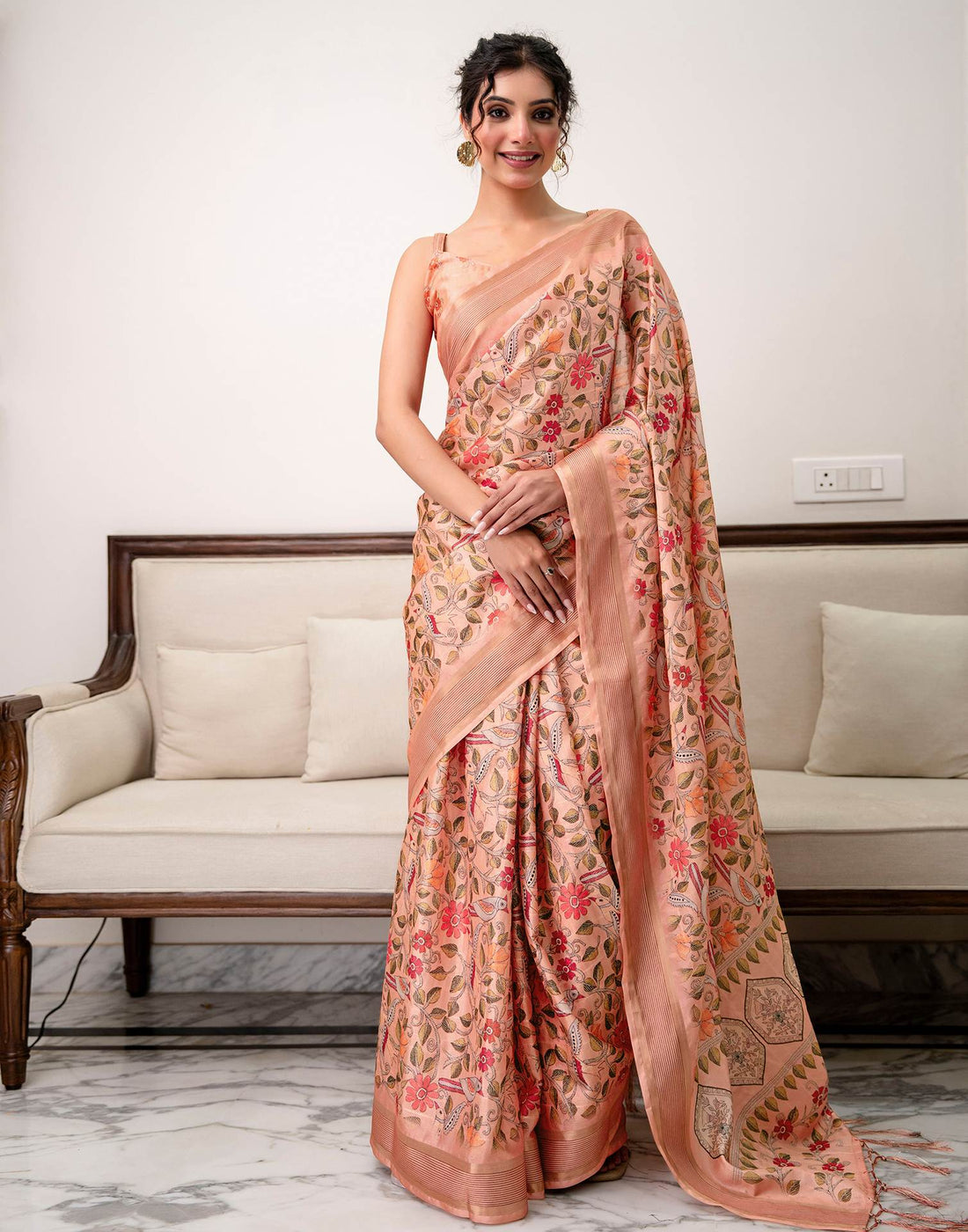 Peach Silk Printed Saree 