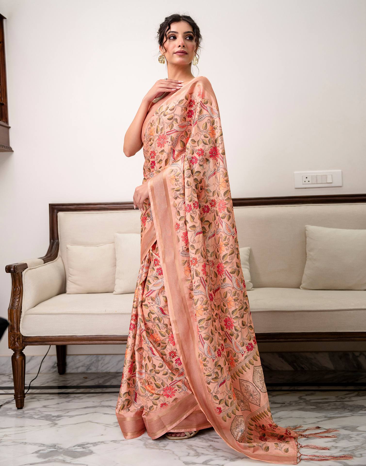Peach Silk Printed Saree 