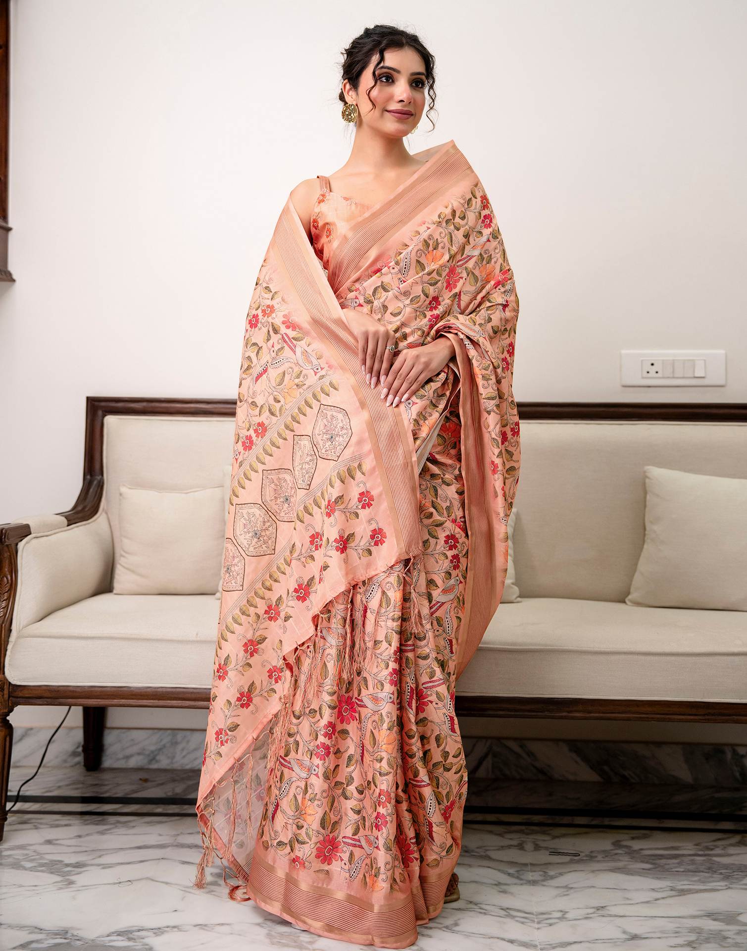 Peach Silk Printed Saree 