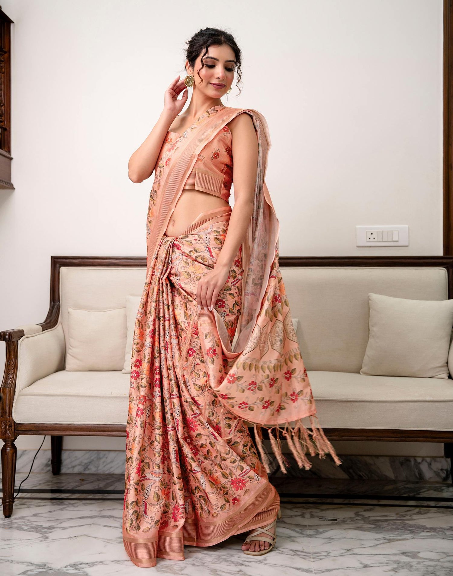Peach Silk Printed Saree 