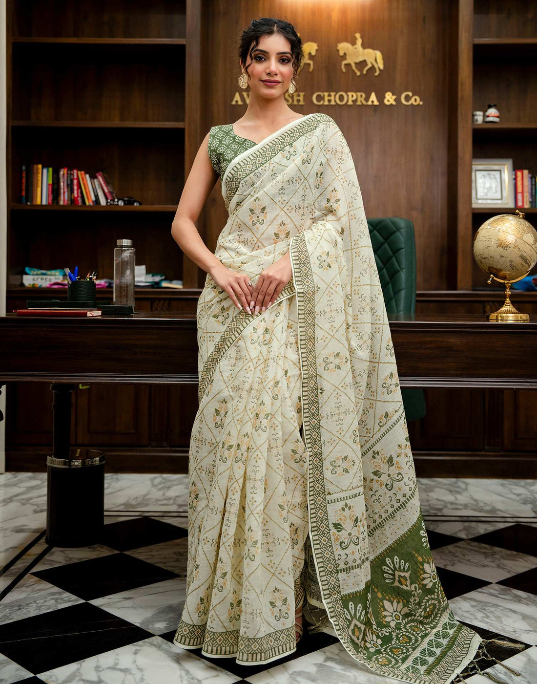 Cream Linen Printed Saree 