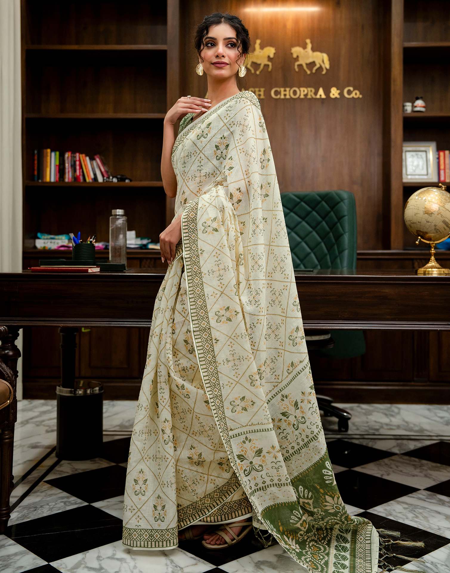 Cream Linen Printed Saree 