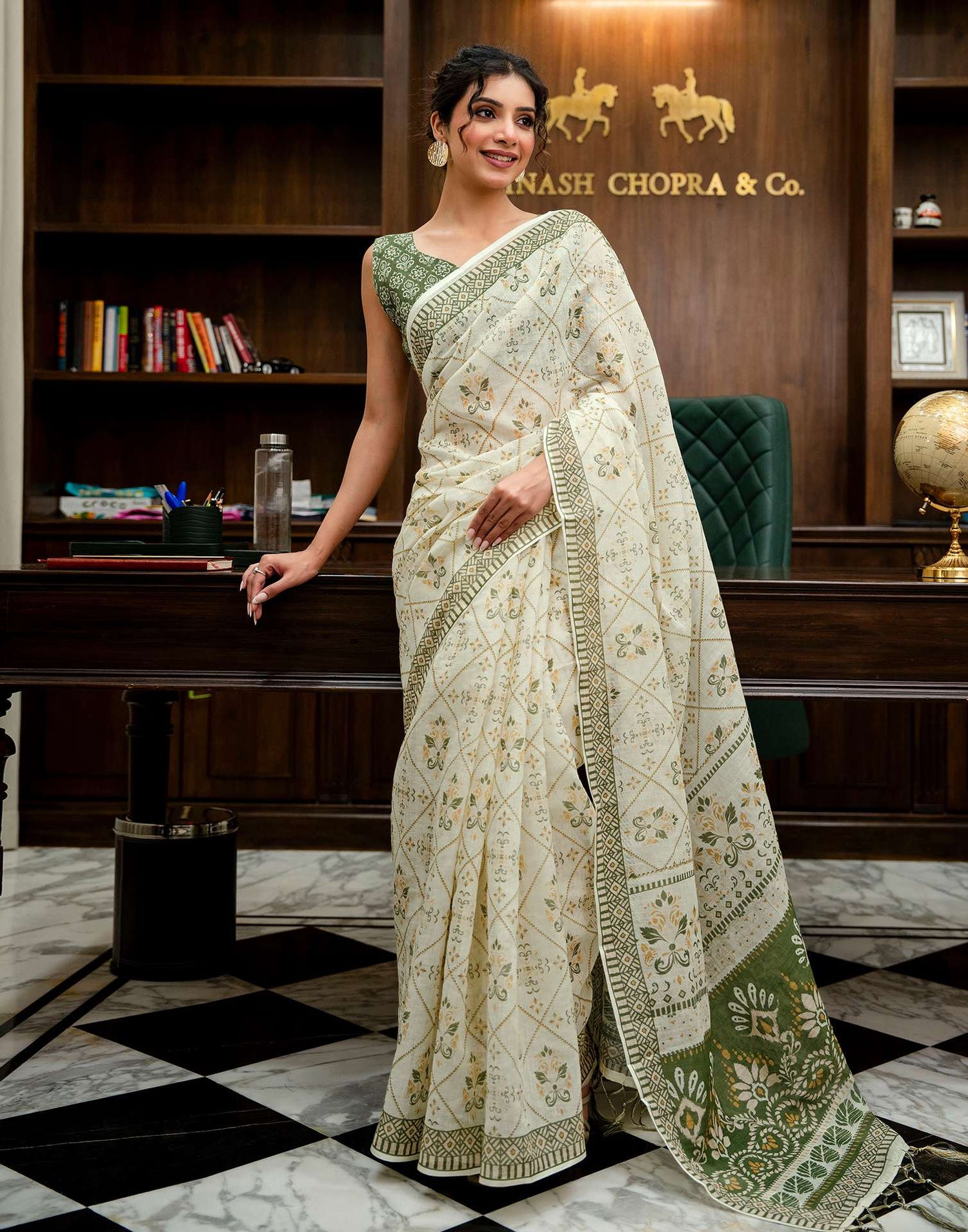 Cream Linen Printed Saree 