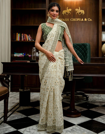 Cream Linen Printed Saree 