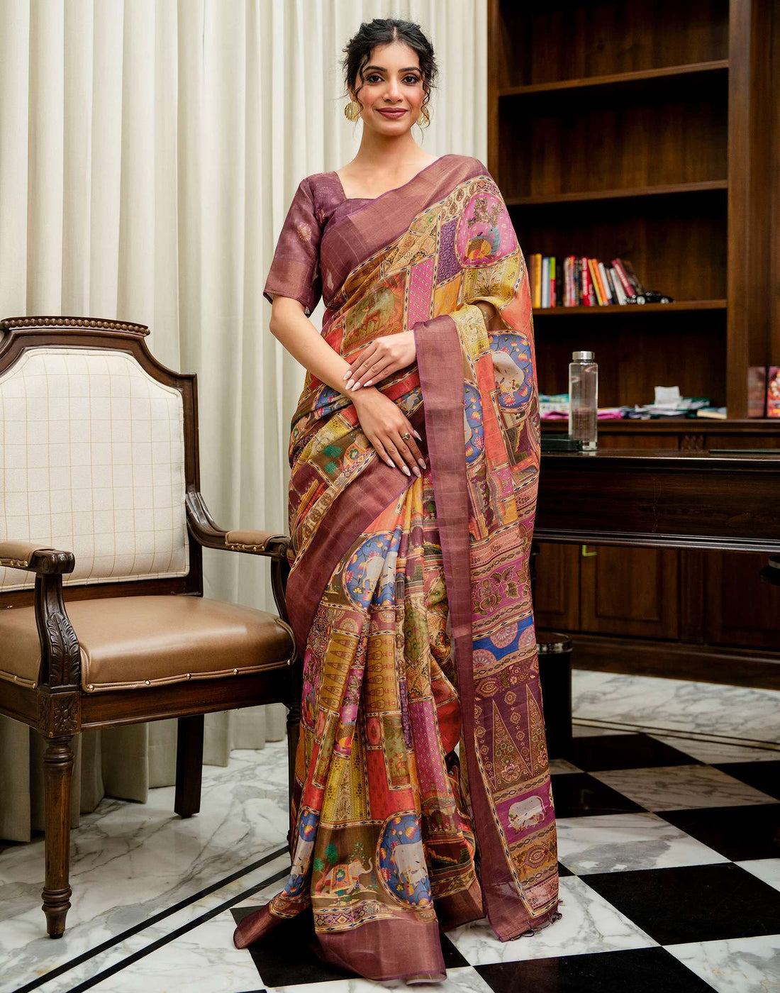 Multicoloured Shimmer Silk Printed Kalamkari Saree 