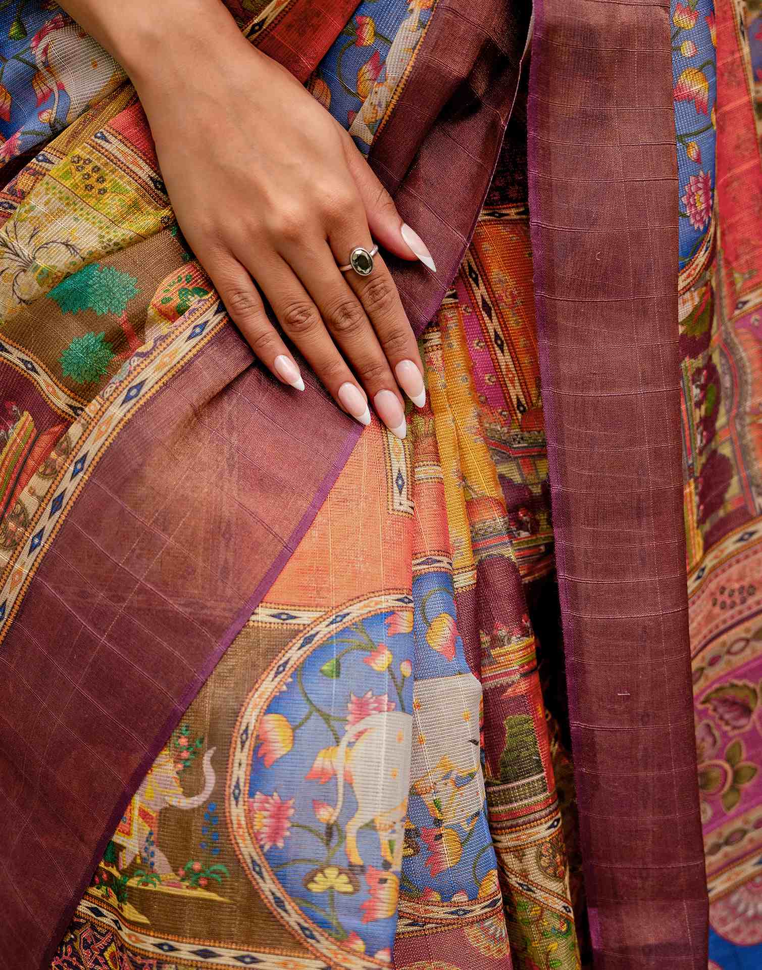 Multicoloured Shimmer Silk Printed Kalamkari Saree 
