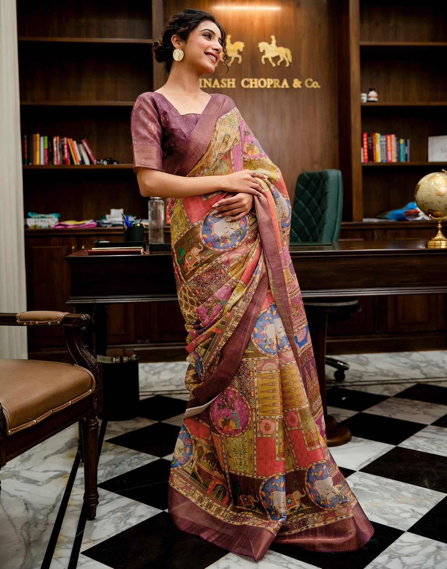 Multicoloured Shimmer Silk Printed Kalamkari Saree 