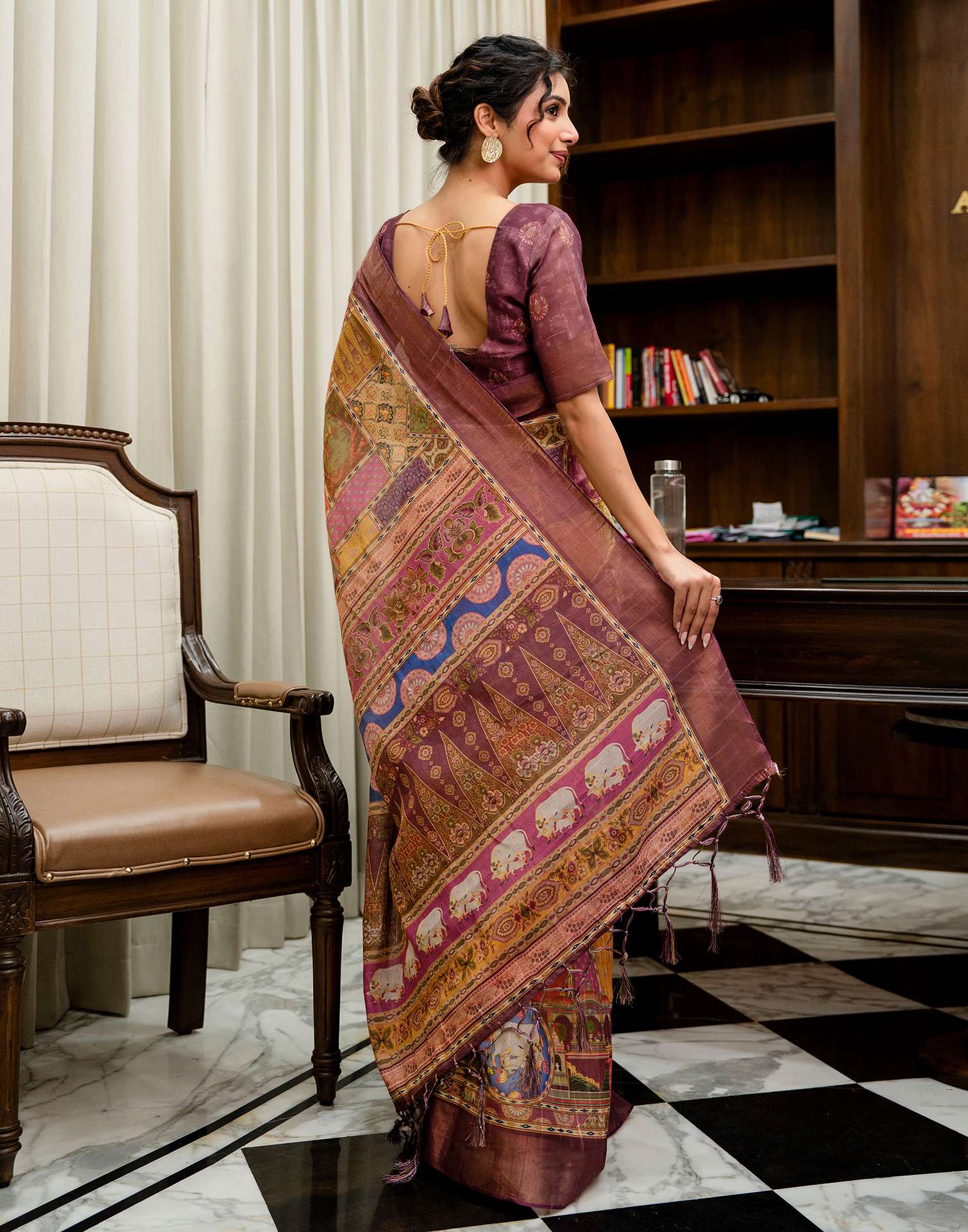 Multicoloured Shimmer Silk Printed Kalamkari Saree 