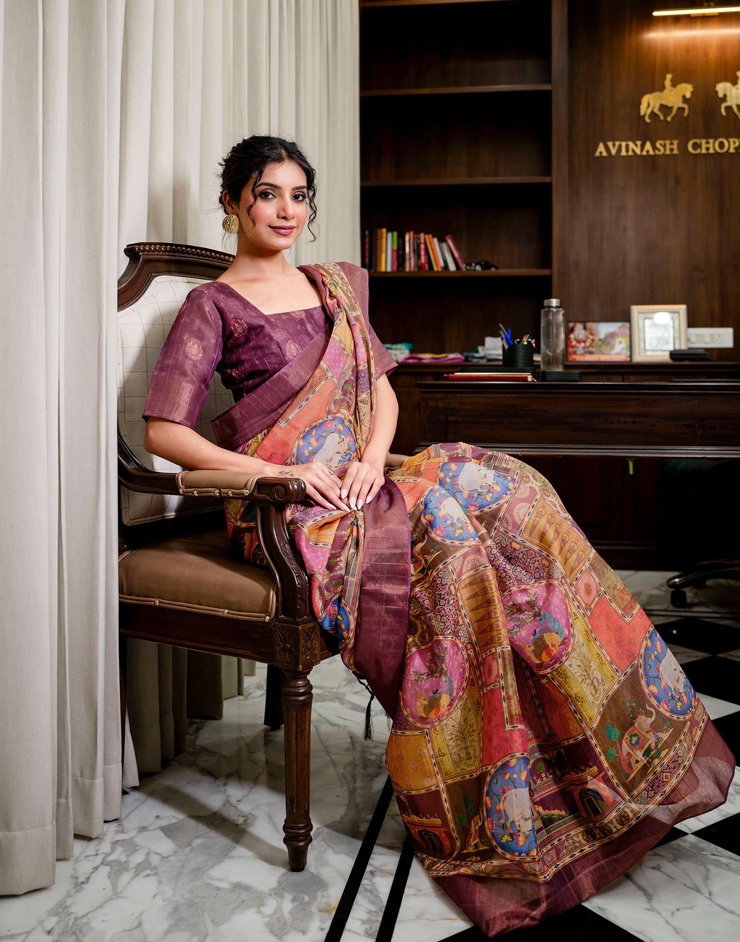 Multicoloured Shimmer Silk Printed Kalamkari Saree 