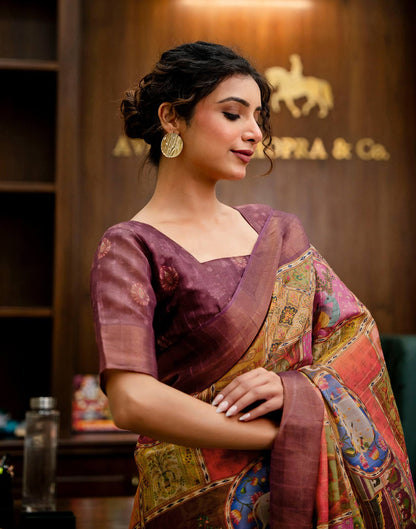 Multicoloured Shimmer Silk Printed Kalamkari Saree 