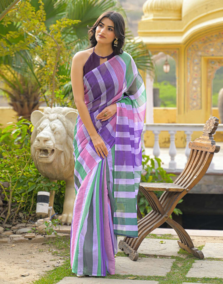 Multicoloured Linen Printed Saree