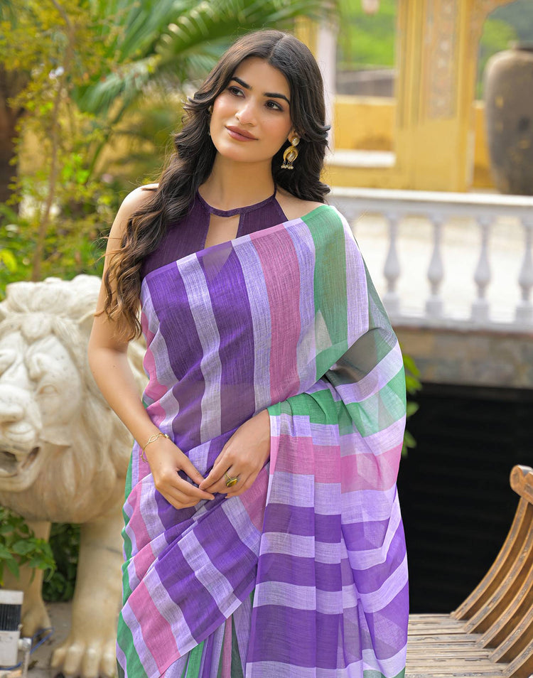 Multicoloured Linen Printed Saree