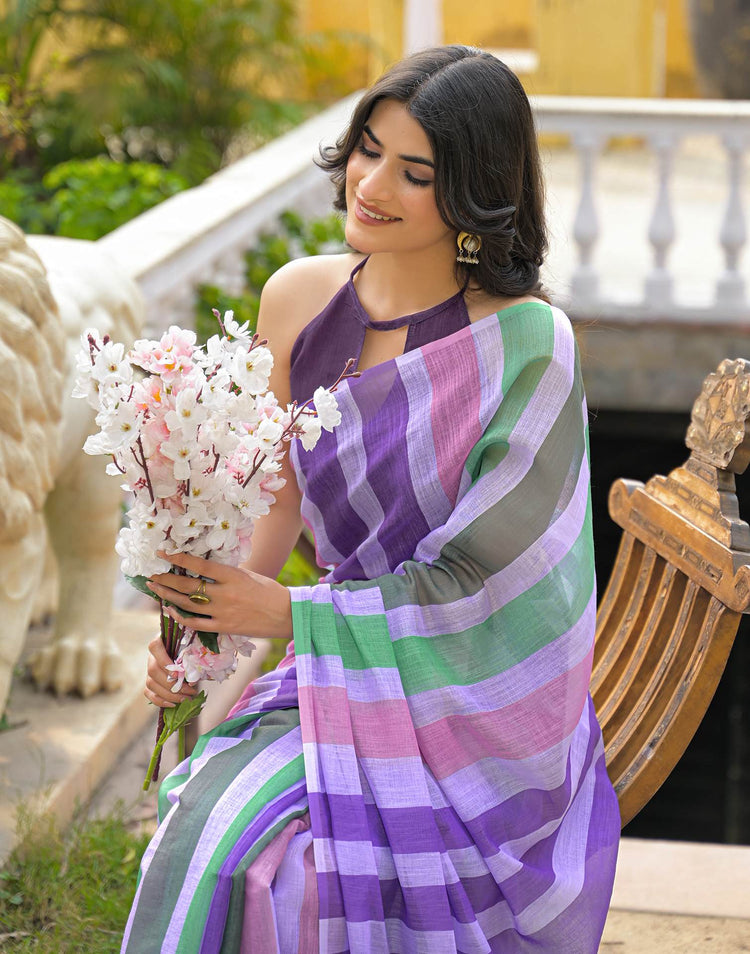 Multicoloured Linen Printed Saree