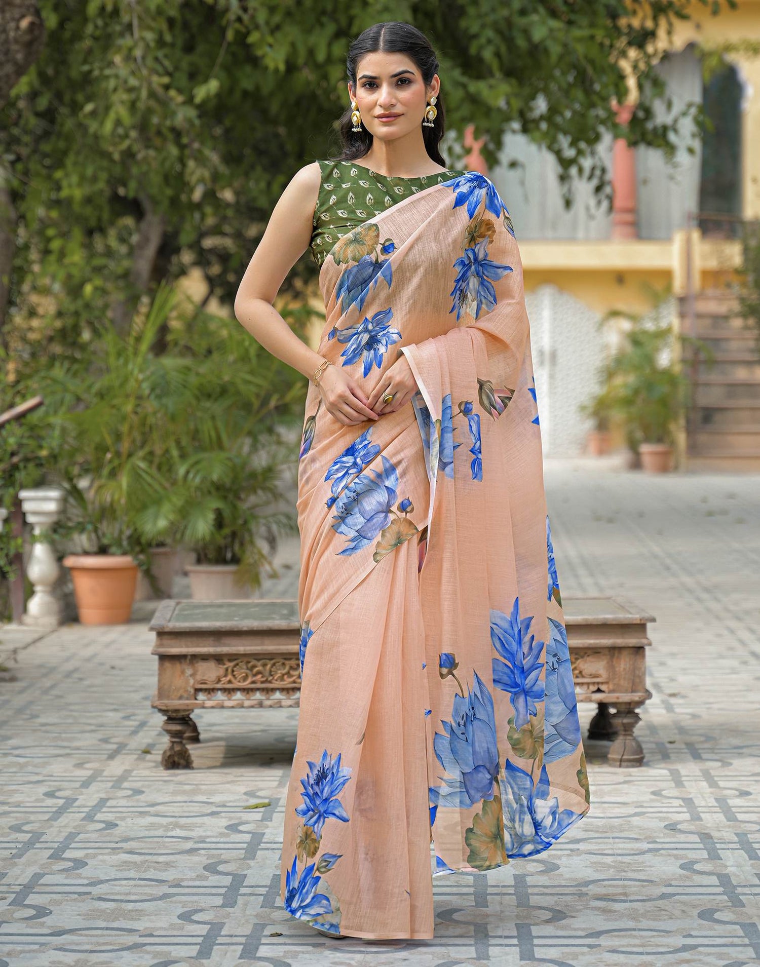 Peach Linen Floral Printed Saree