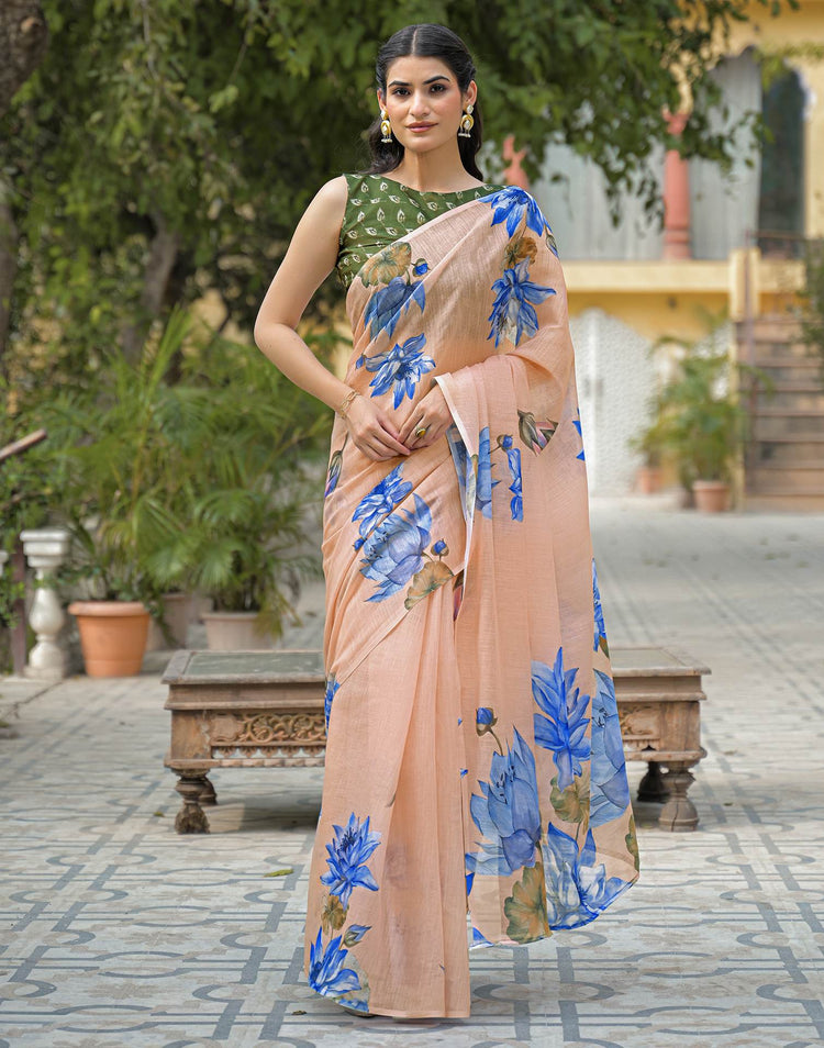 Peach Linen Floral Printed Saree