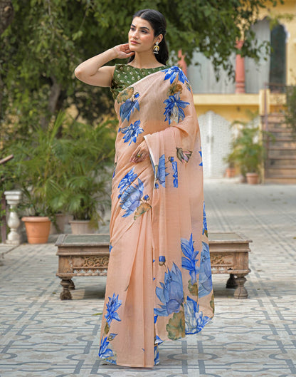 Peach Linen Floral Printed Saree