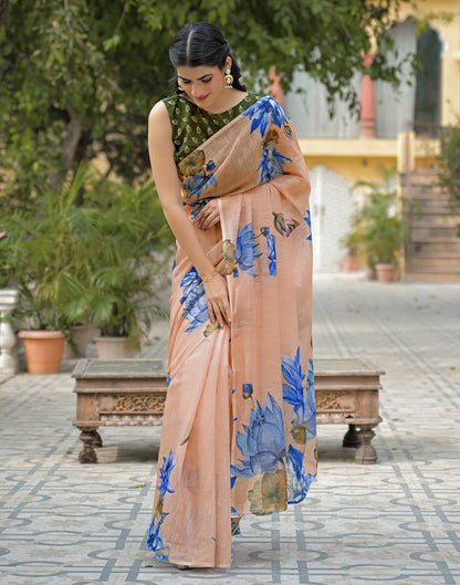Peach Linen Floral Printed Saree