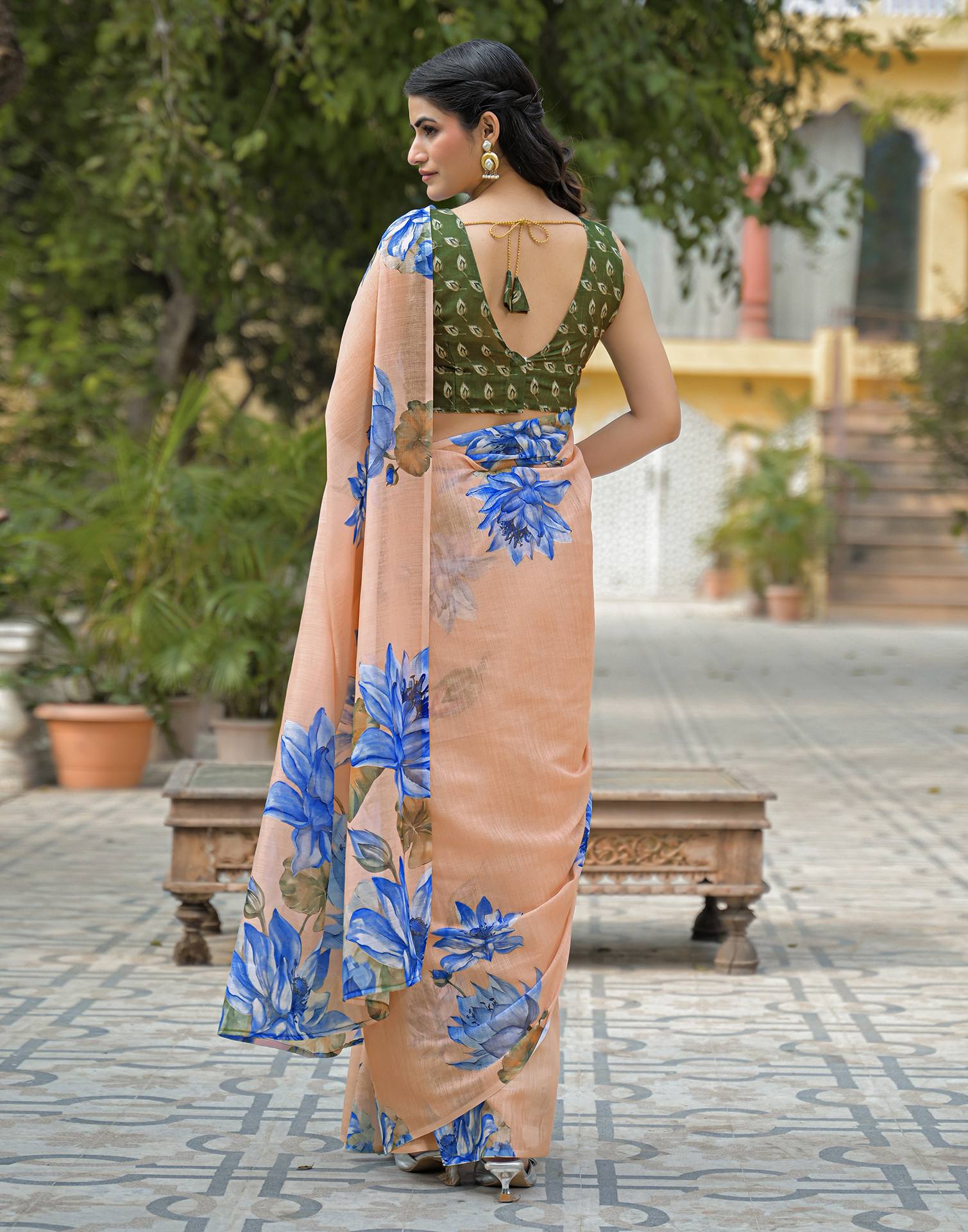 Peach Linen Floral Printed Saree