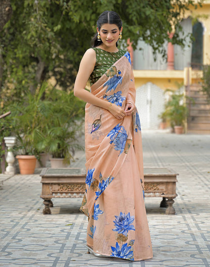 Peach Linen Floral Printed Saree