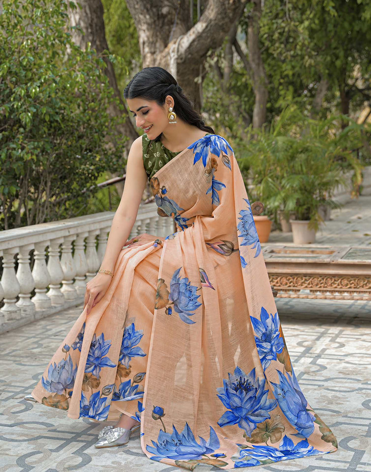 Peach Linen Floral Printed Saree