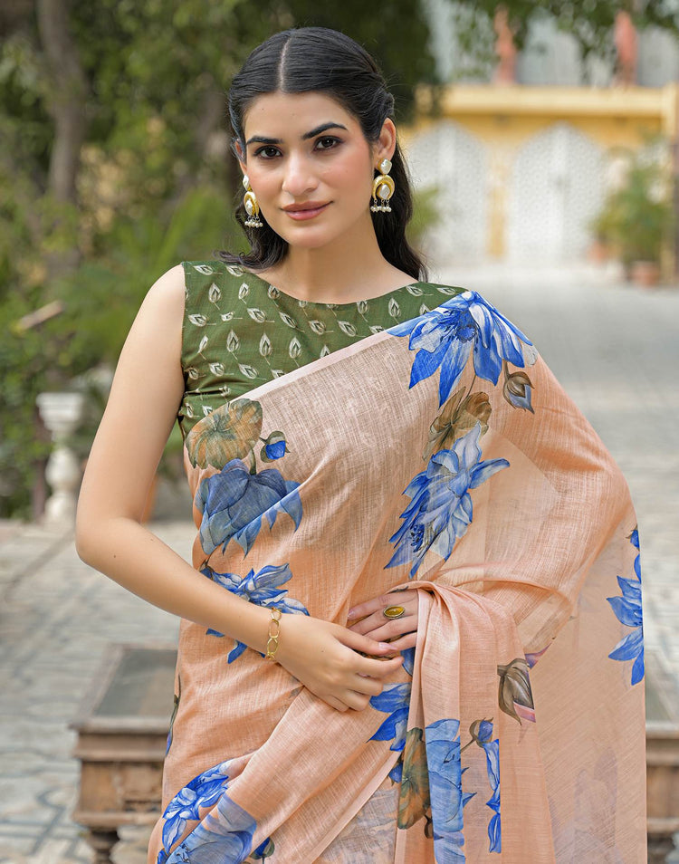 Peach Linen Floral Printed Saree