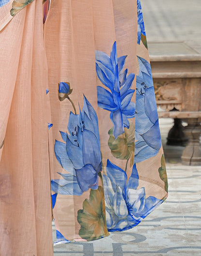 Peach Linen Floral Printed Saree
