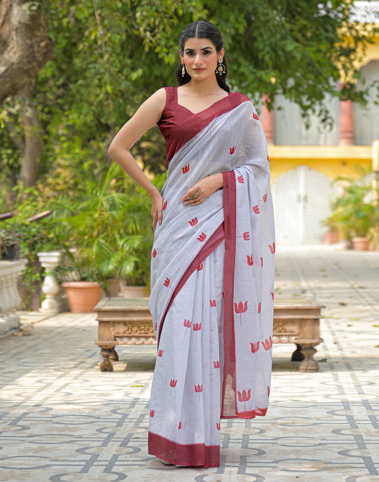 Light Grey Linen Printed Saree