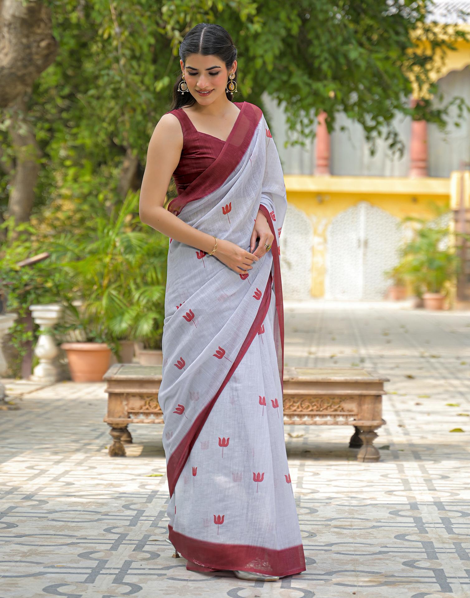 Light Grey Linen Printed Saree