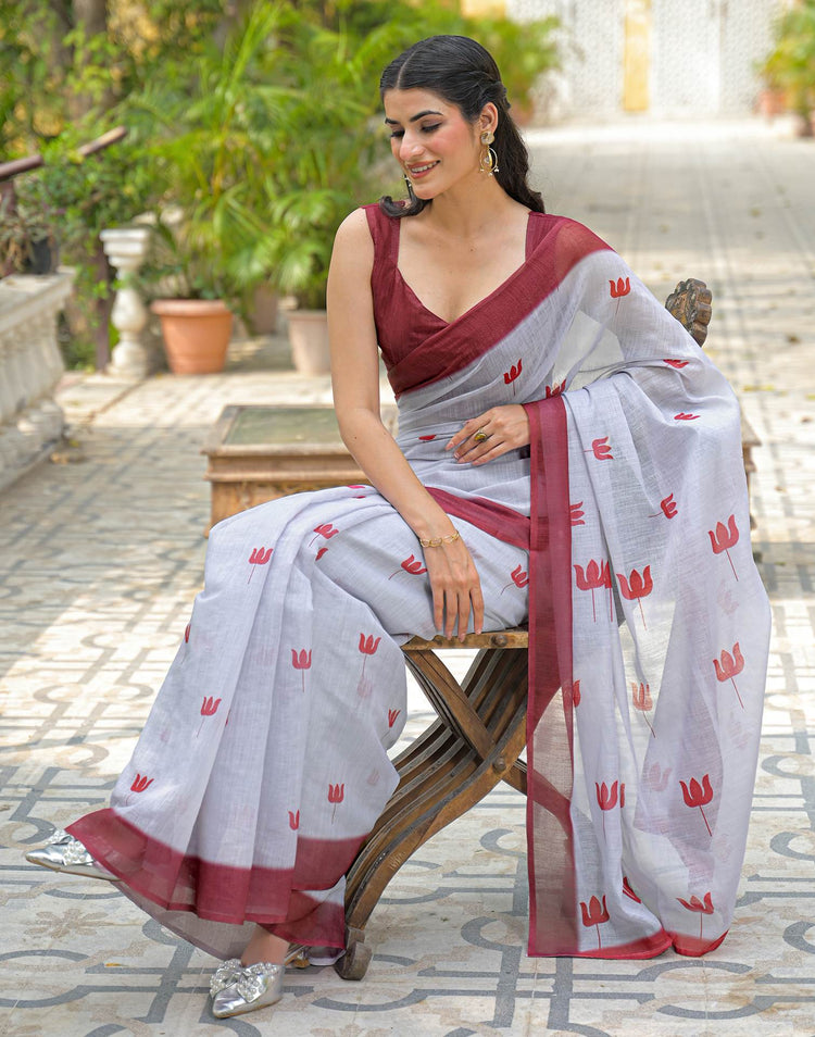 Light Grey Linen Printed Saree