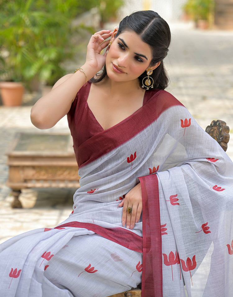 Light Grey Linen Printed Saree