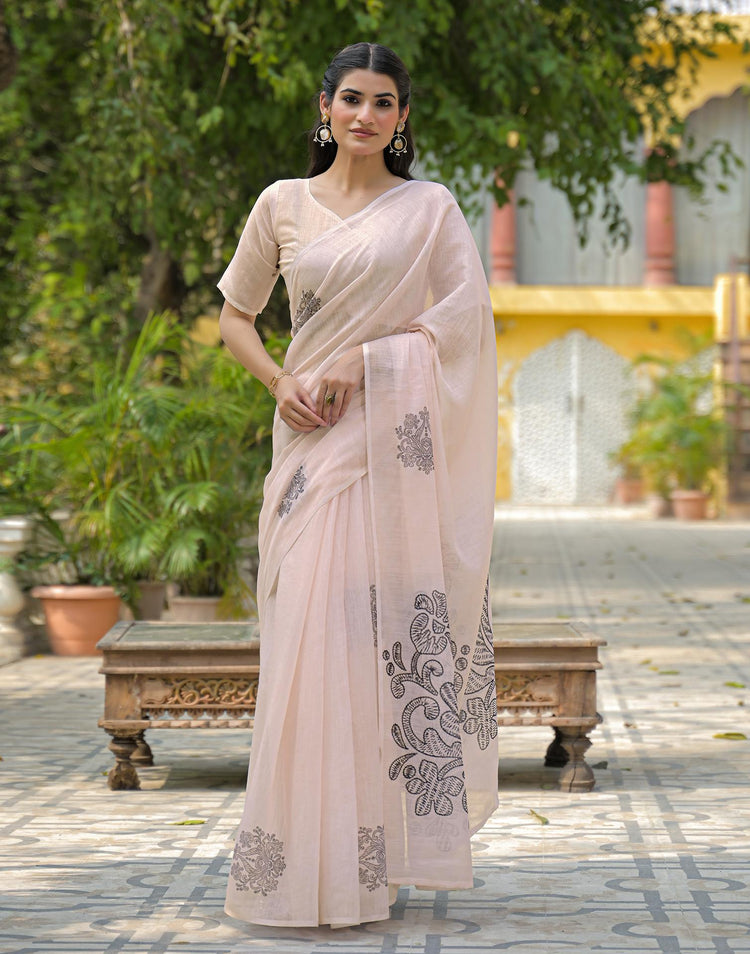 Beige Linen Printed Saree