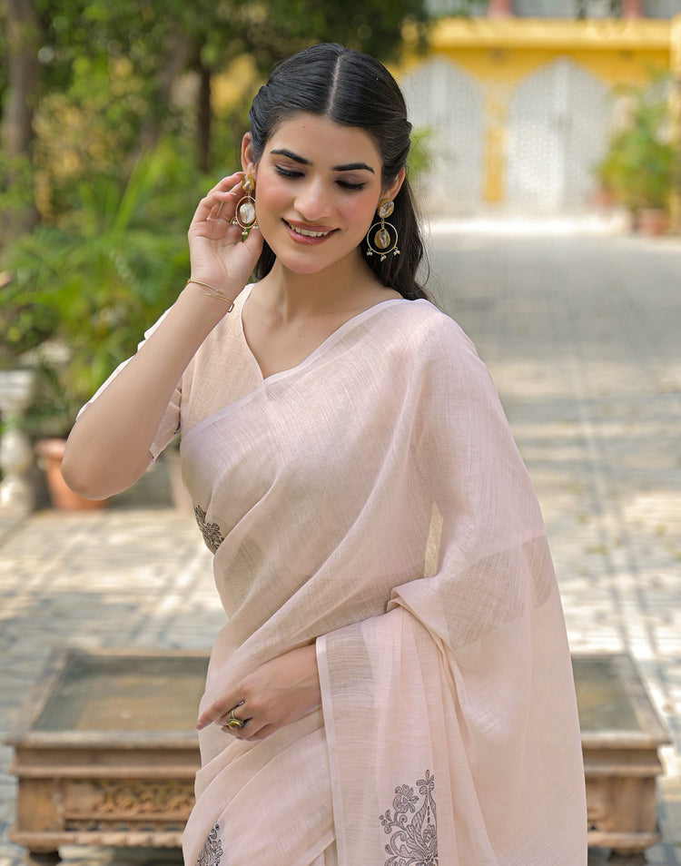 Beige Linen Printed Saree