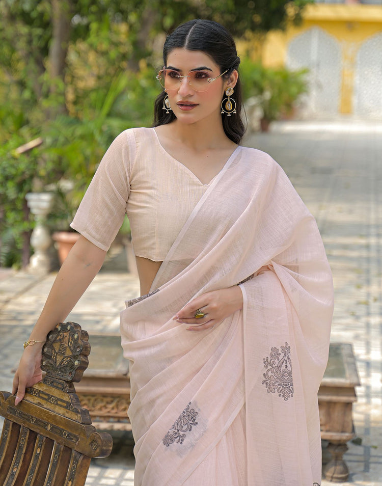 Beige Linen Printed Saree